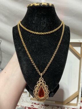 Gold-Tone Layered Necklace with Red Teardrop Pendant